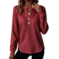 Womens V-neck, Buttoned Long-sleeve Top With A Double-curved Hem - image 3