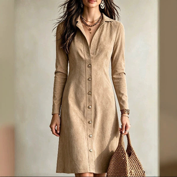 Women's Faux Suede Button Slim Fit Long Dress - image 4