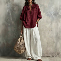 Cotton Linen Puff Sleeve Shirt and Wide Leg Pants Set - image 1