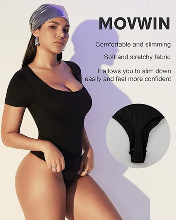 Seamless Square Neck Bodysuit For Women Tummy Control Short Sleeve Thong Shapewear Slim Fit Body Sculpting - image 3