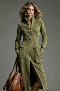 Stand Collar Zip Faux Suede Long Dress - image 9
