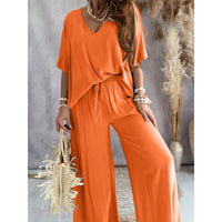 Women's 2 Piece Outfit, Casual Solid Color V-Neck Half Sleeve Top And Wide Leg Pants Lounge Set - image 8