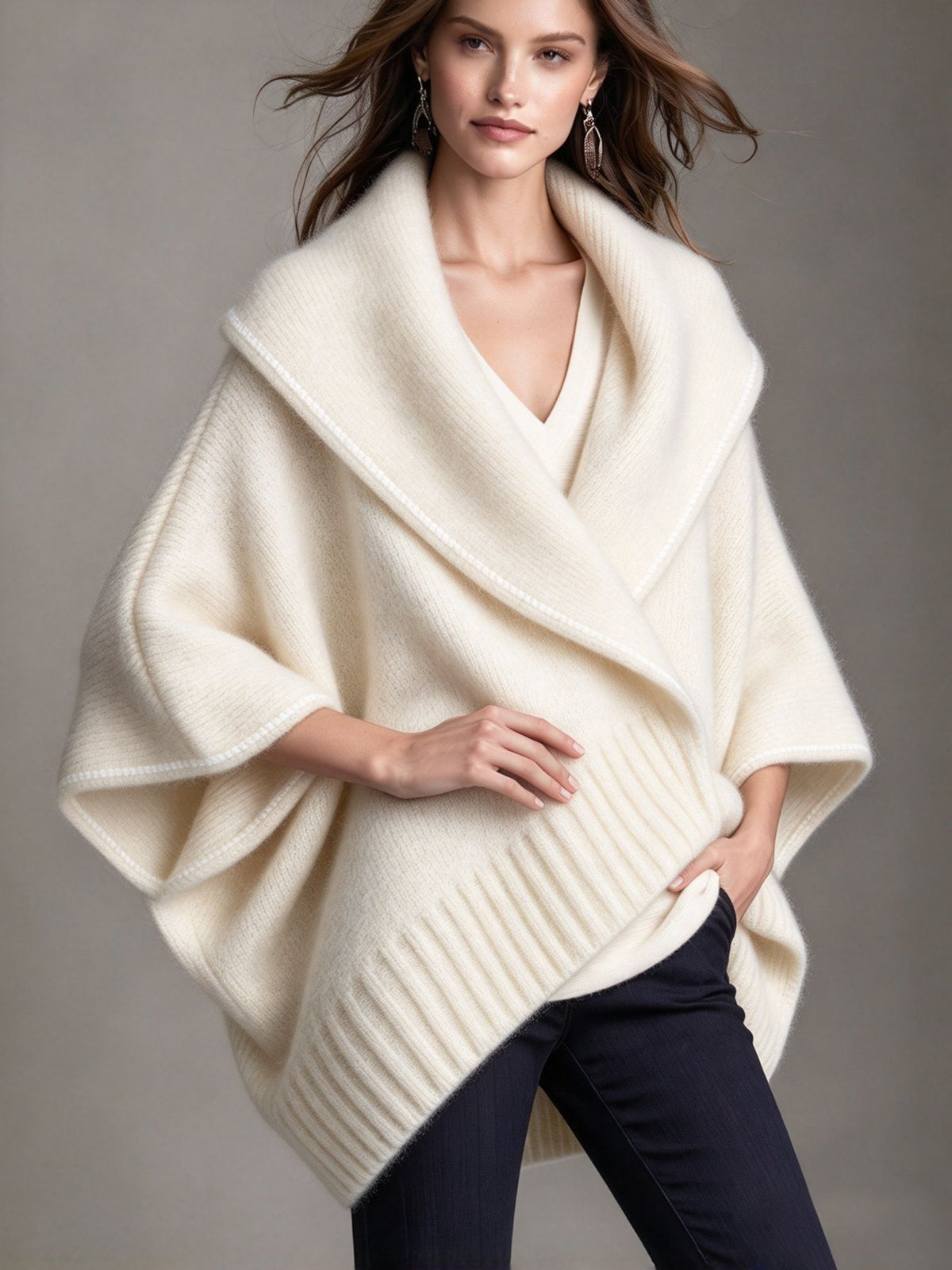Knit Cape Shawl Coat with Contrast Trim - image 6