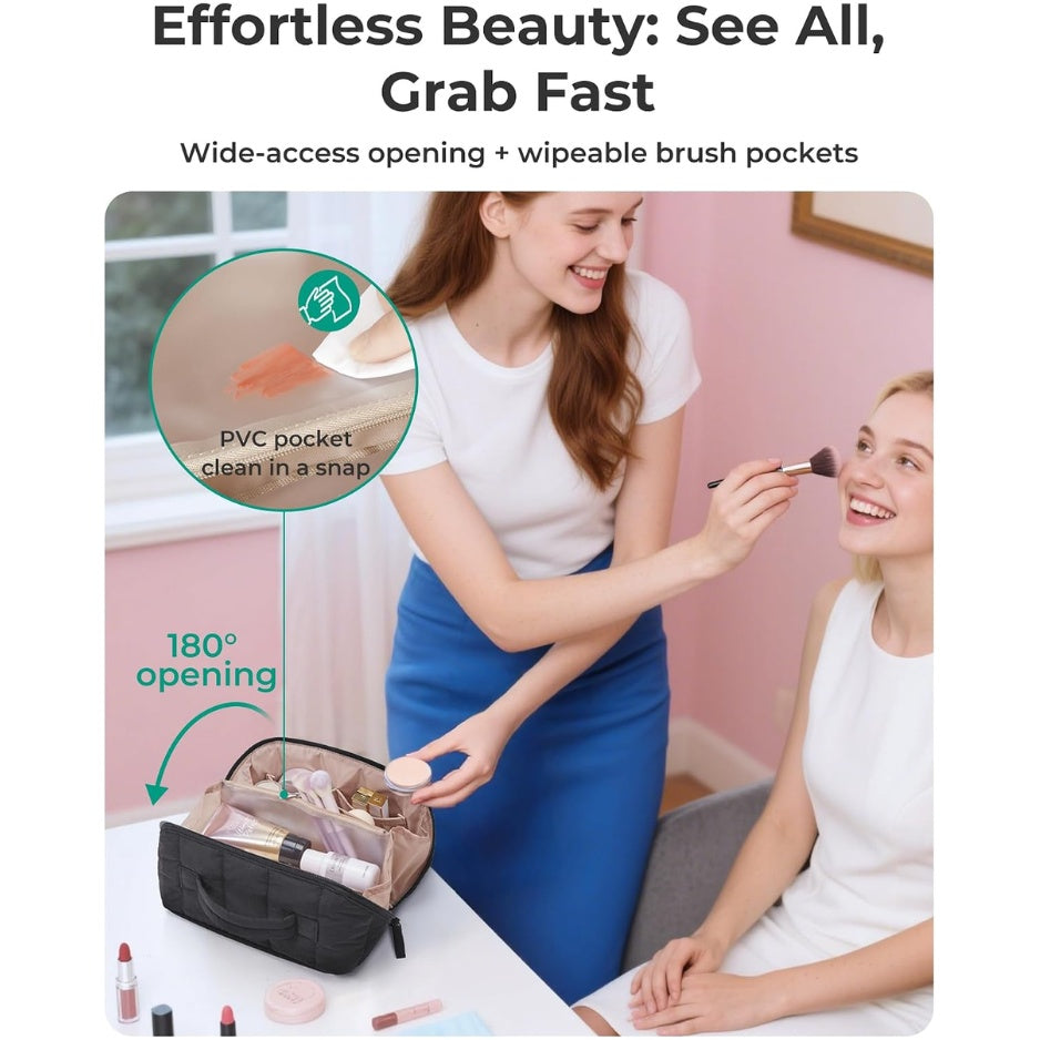 Puffy Travel Makeup Bag Toiletry Bag For Women, Black Open Flat, Portable, Make Up Organizer, Water Resistant - image 3
