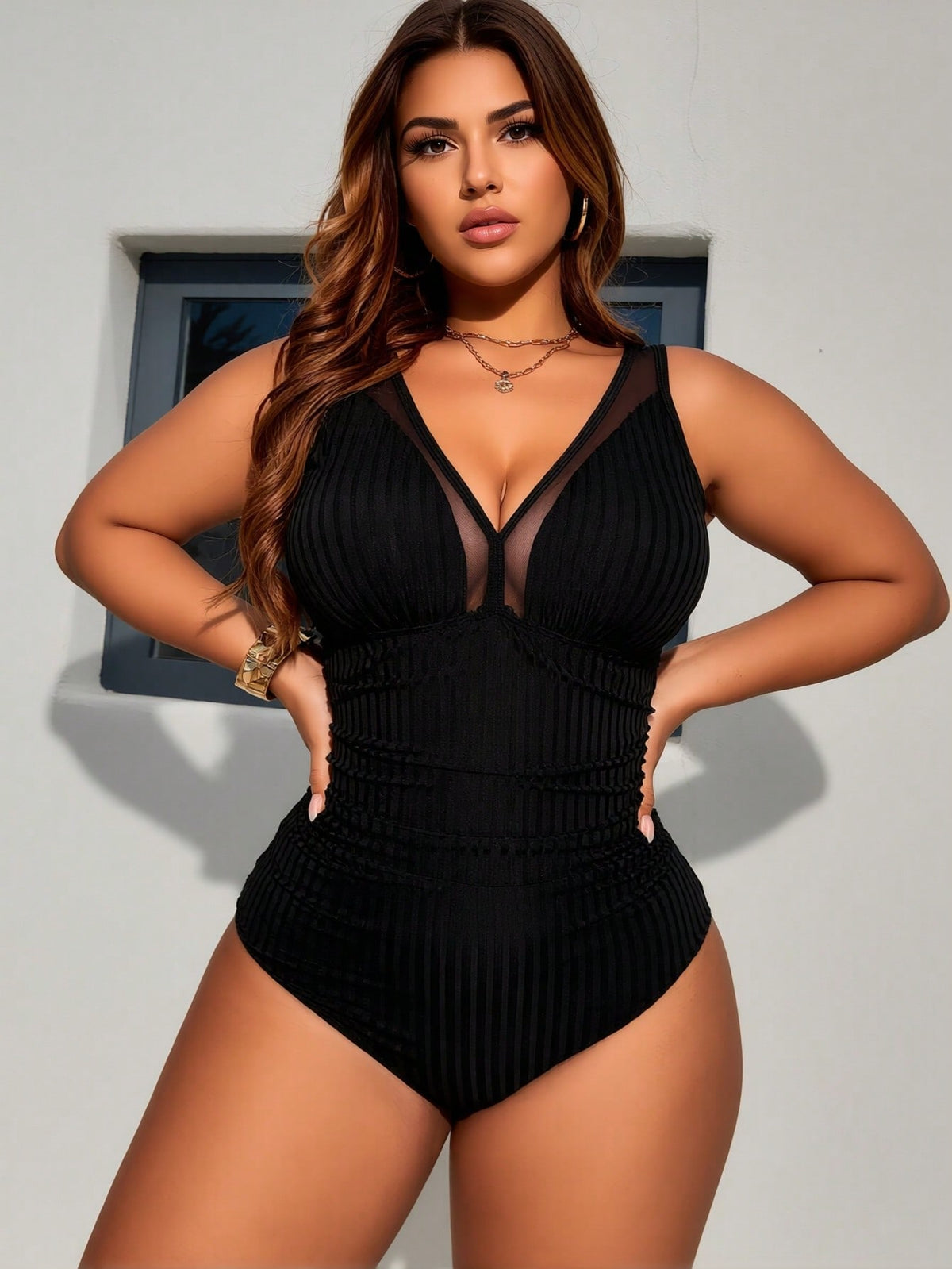Plus Size Black Ribbed Sheer Mesh V-Neck Ruched One-Piece Swimsuit - image 3