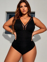 Plus Size Black Ribbed Sheer Mesh V-Neck Ruched One-Piece Swimsuit - image 3