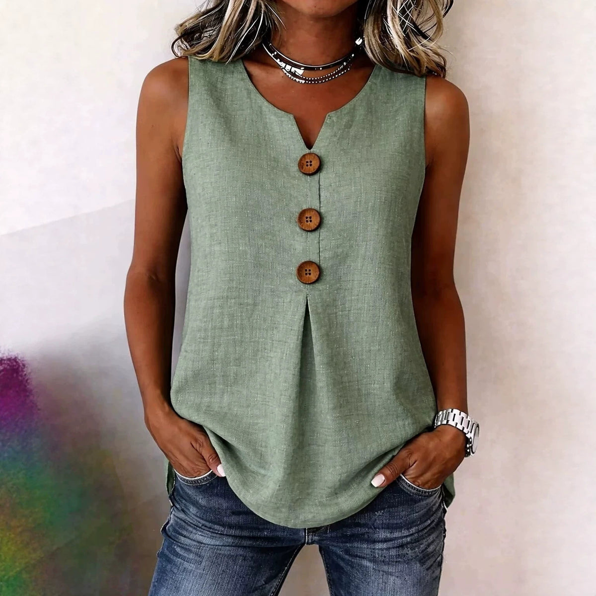 Women's Solid Color Casual V-neck Sleeveless Top - image 2
