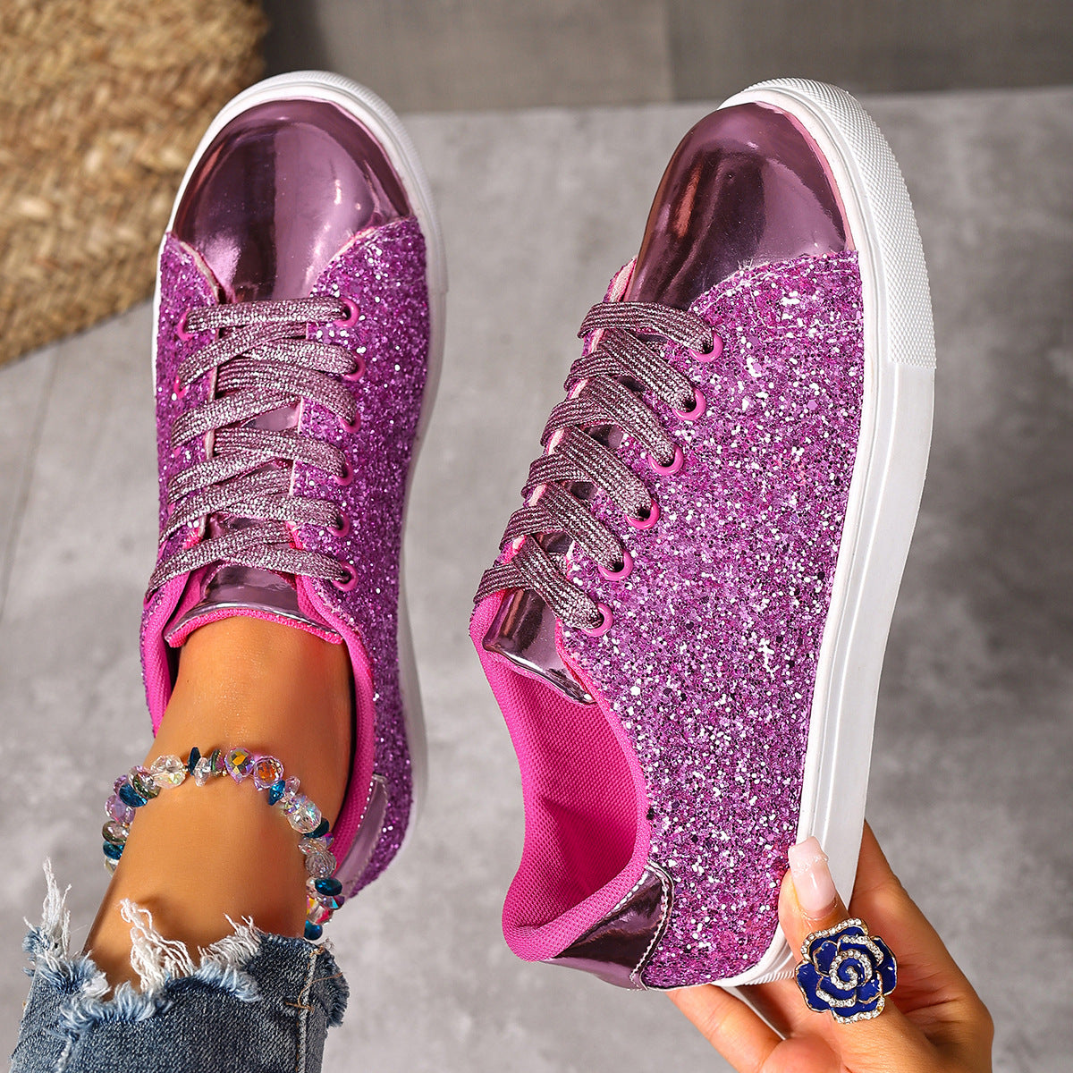 Plus Size Sequined Front Lace-up Solid Color Plus Size Board Shoes - image 9