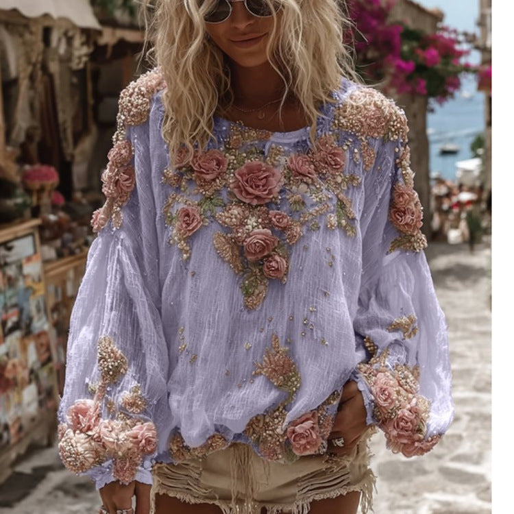 Blusa holgada de manga larga con flores en relieve - image 8
