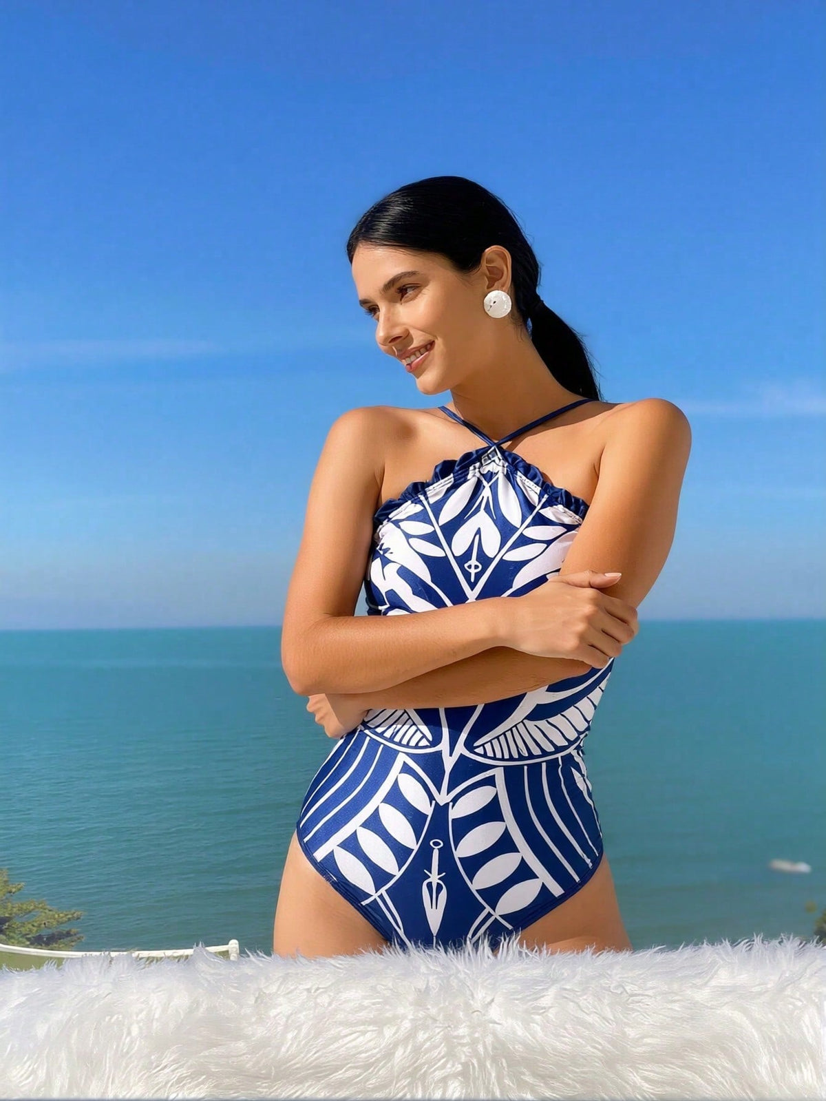 Blue Print Halter Neck One-Piece Swimsuit - image 3