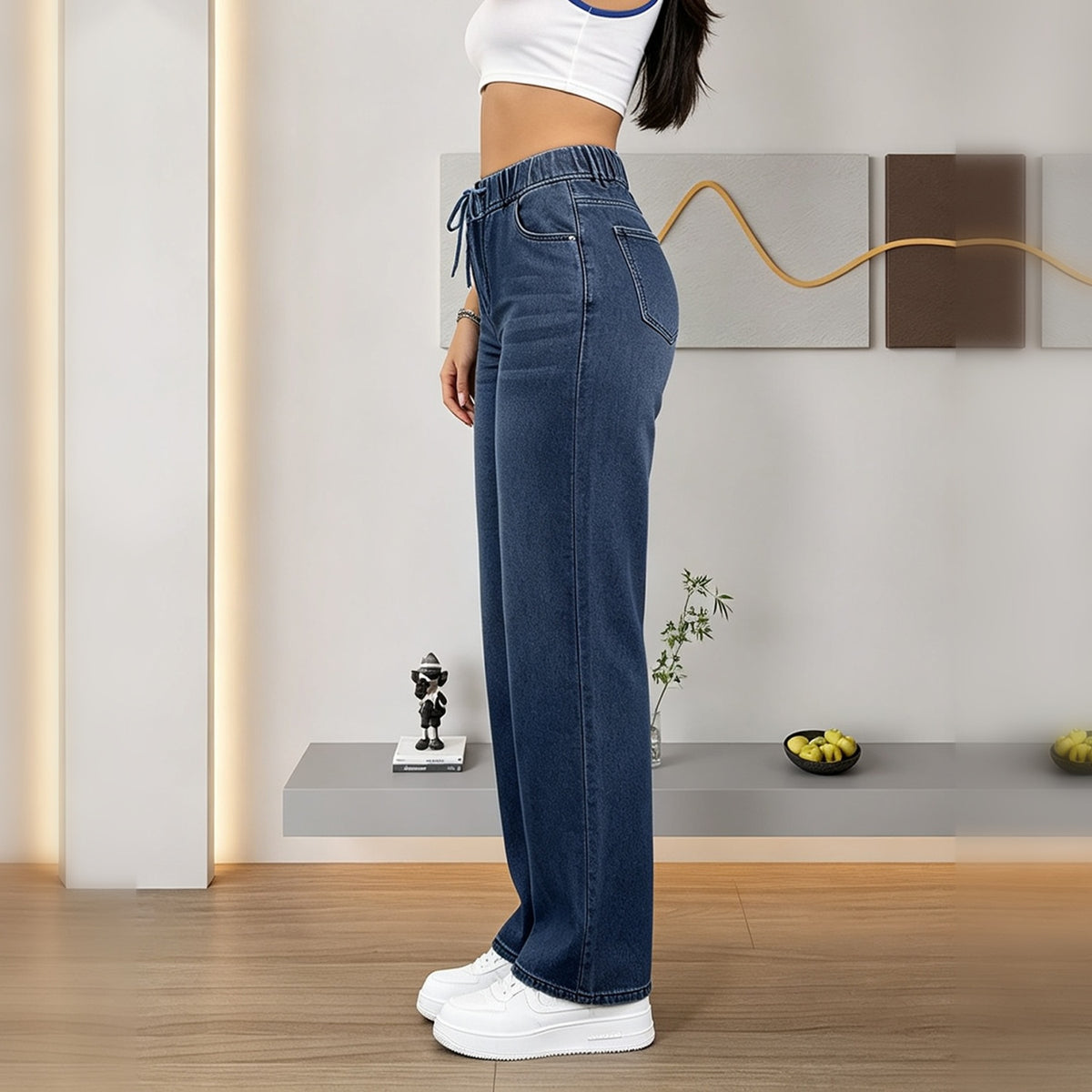 Jeans de pierna ancha con cintura elástica y cordón, lavado oscuro - image 3