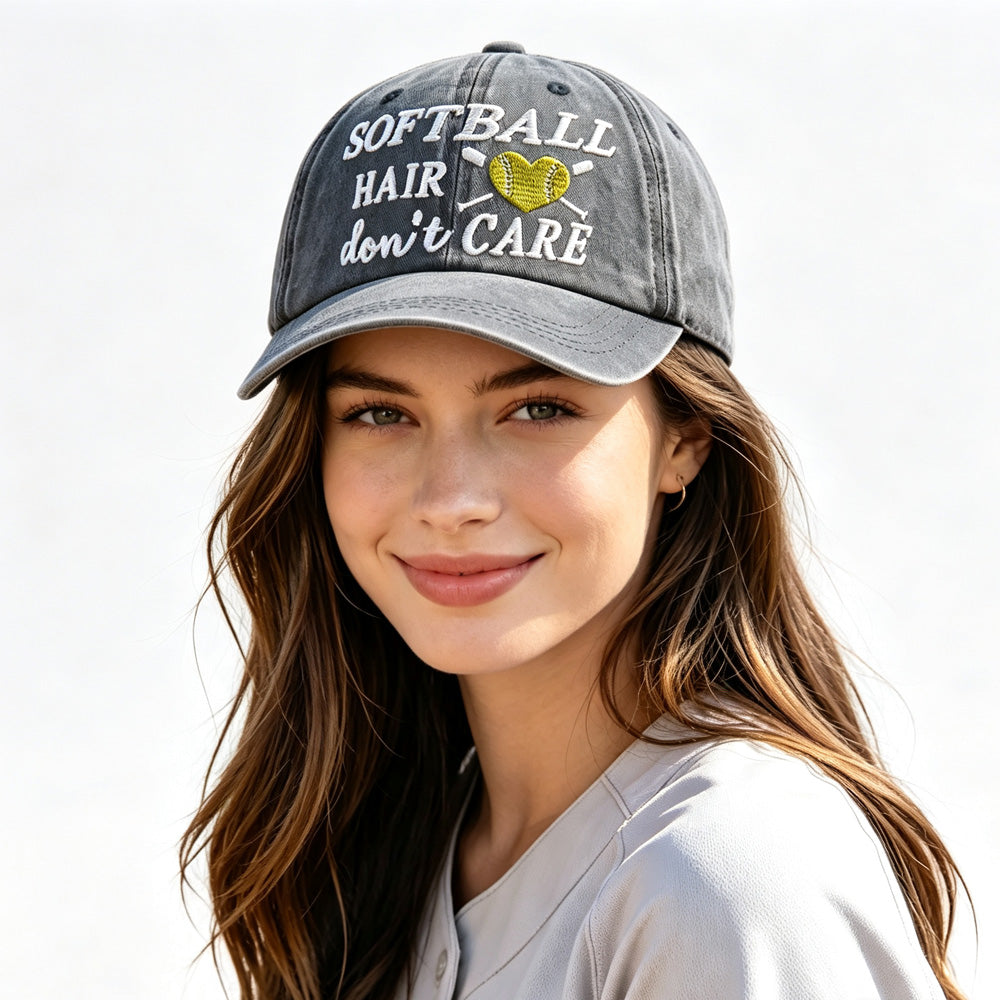 Softball Hair Don't Care Embroidered Washed Baseball Cap, Vintage Distressed Hat For Women Softball Lover - image 3