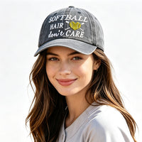 Softball Hair Don't Care Embroidered Washed Baseball Cap, Vintage Distressed Hat For Women Softball Lover - image 3