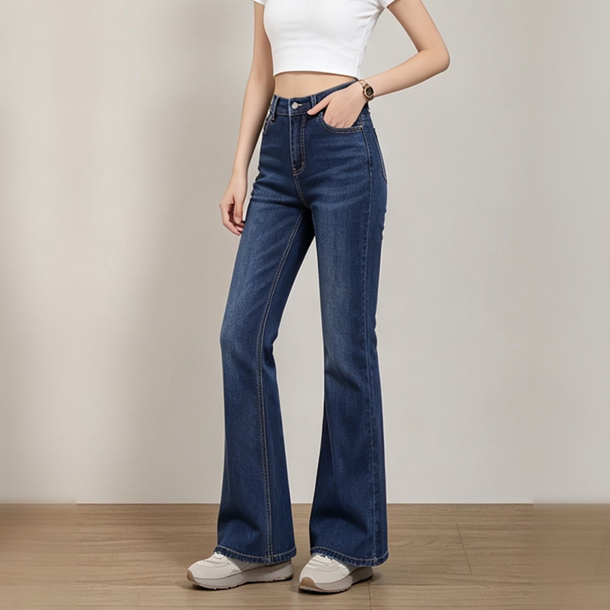 High-Waist Dark Blue Washed Flare Jeans - image 2