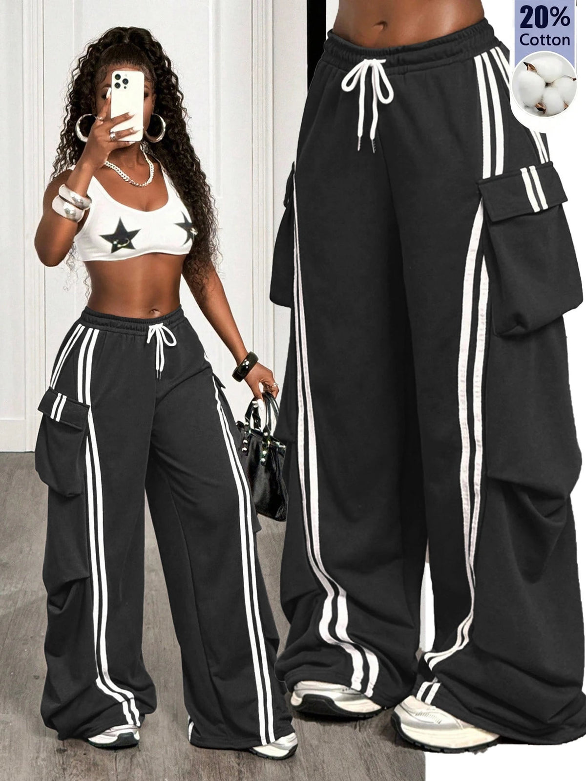 Drawstring Wide Leg Cargo Pocket Pants