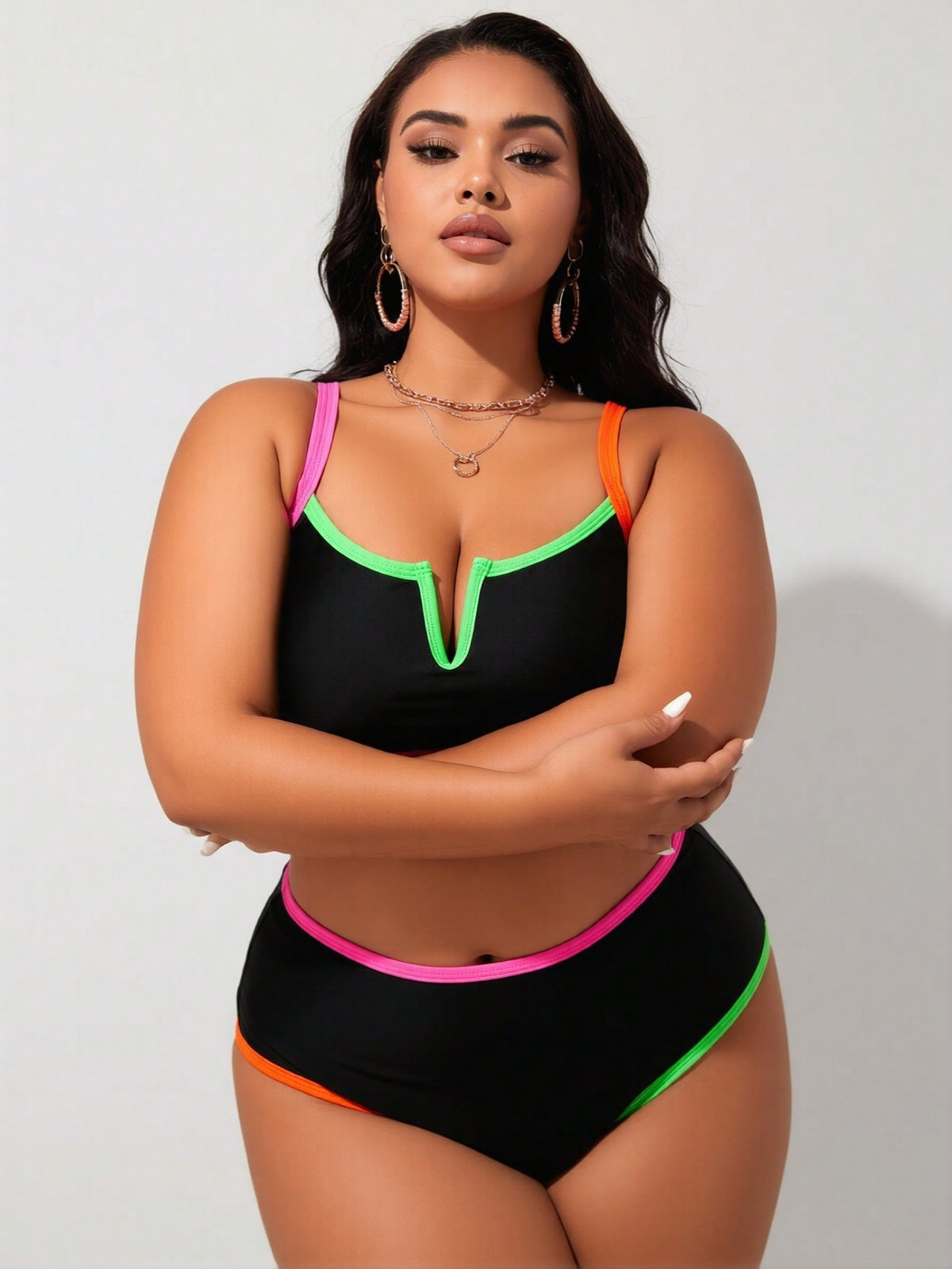 Plus Size Neon Trim Two-Piece Swimsuit: Black Bikini Top with High-Waist Bottoms - image 4