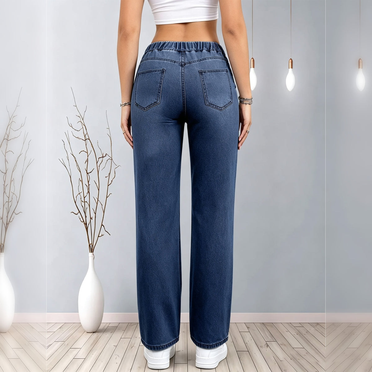 Jeans de pierna ancha con cintura elástica y cordón, lavado oscuro - image 5