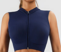 Women's 2 Piece Ribbed Workout Set, Zip Front Sleeveless Crop Top and High Waist Biker Shorts - image 4