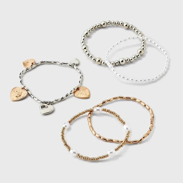 Heart Charm & Pearl Beaded Bracelet 5-Piece Set - Gold - image 2
