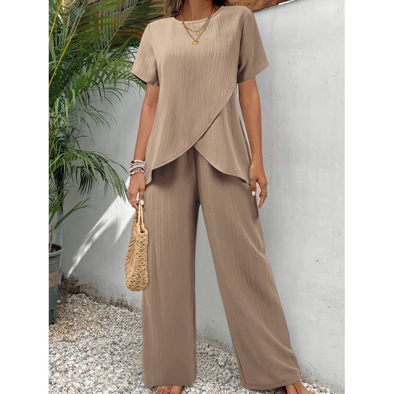 Two-piece Short Sleeve Pullover Round Neck Loose Casual Irregular - image 2