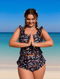 Plus Size Women's Sexy Fashion Black Floral Ruffled Two-Piece Boyleg Swimsuit For Vacation & Leisure - image 4
