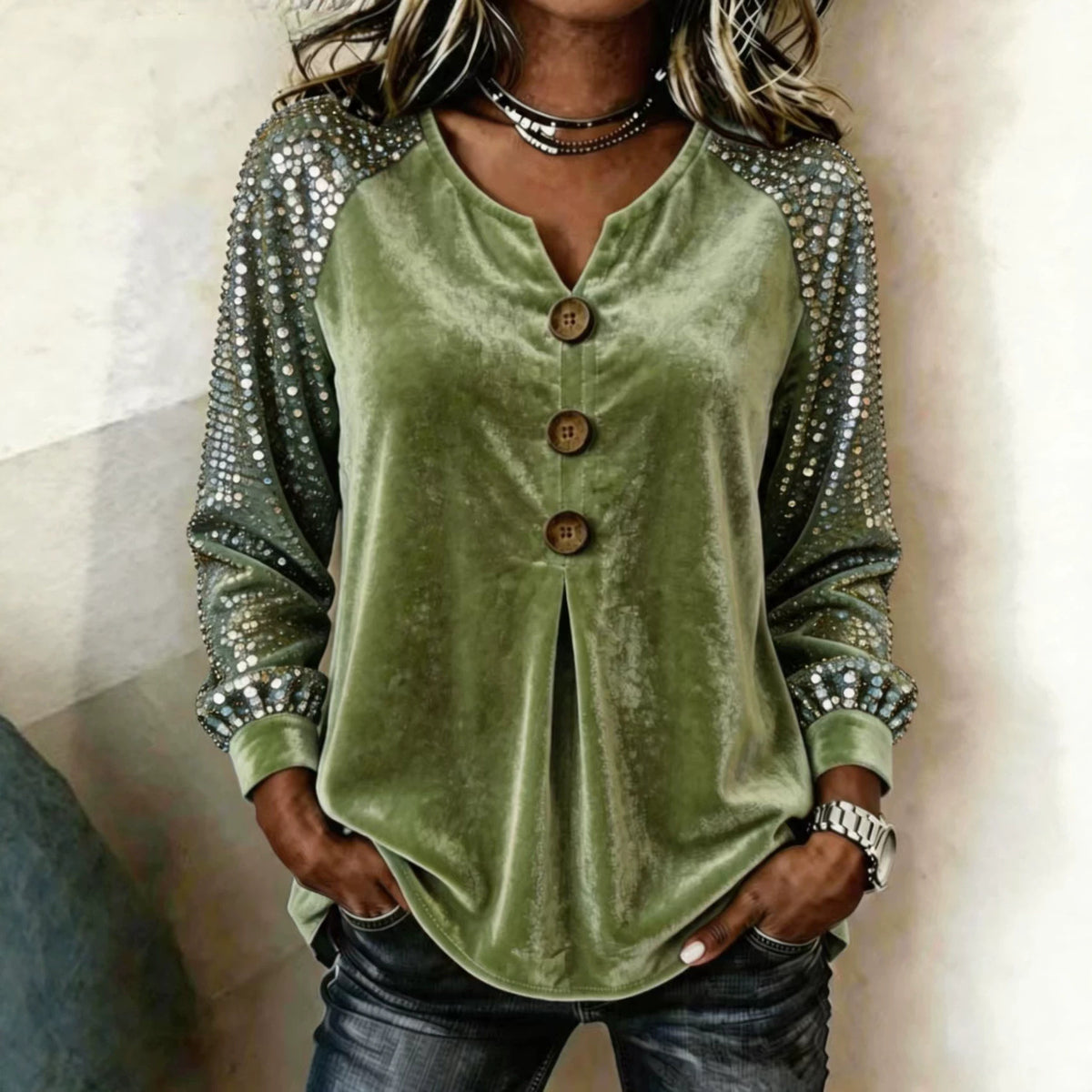 Button And Sequin Long-sleeve Womens Casual Top - image 4
