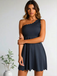 One-Shoulder Scalloped Trim Swim Dress, Ribbed Tummy Control - image 4
