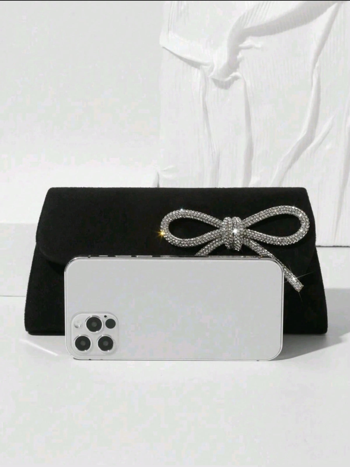 Women's Black Velvet Rhinestone Bow Evening Clutch, Envelope Party Purse with Chain Strap - image 3