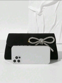 Women's Black Velvet Rhinestone Bow Evening Clutch, Envelope Party Purse with Chain Strap - image 3