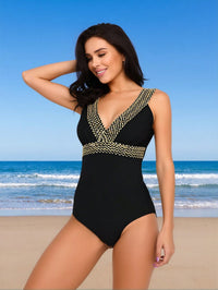 Women's Black Deep V One-Piece Swimsuit with Gold Studs - image 2