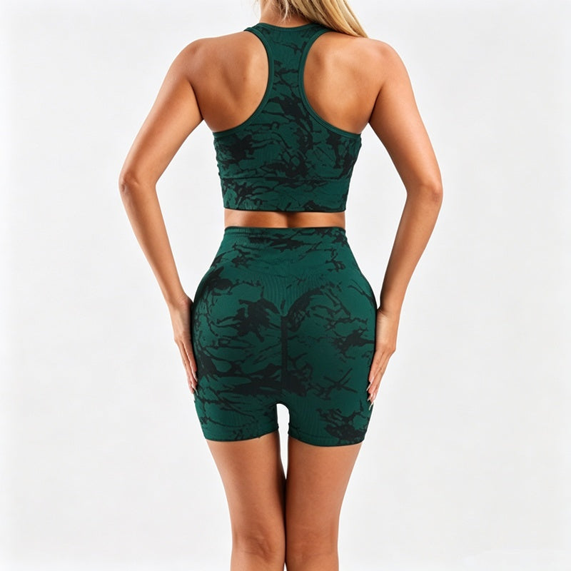 Women's 2 Piece Tie Dye Seamless Workout Set, Sports Bra and High Waist Yoga Shorts - image 9
