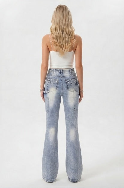 Vintage Cargo Flare Jeans Women Light Wash High Waist Utility Pocket Denim Pants - image 4