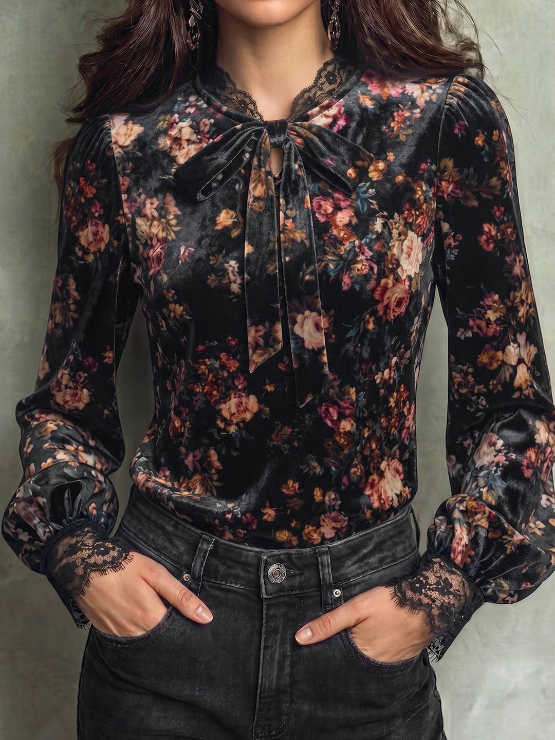 Vintage Bow Lace Trim Puff Sleeve Top