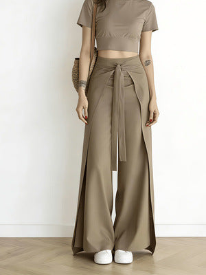 High Waist Tie-Front Slit Wide Leg Pants