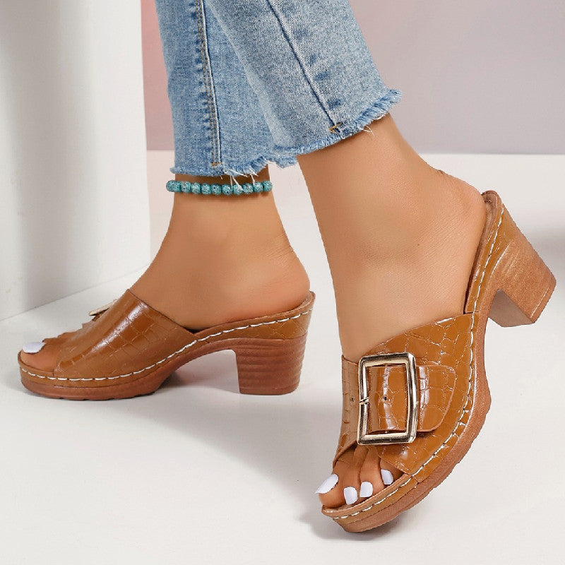 Fashion Crocodile-textured Buckle Sandals Square Chunky Heel Peep-toe Slides Slippers Women Shoes - image 4