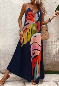 Women's Leaf Print V-Neck Spaghetti Strap Maxi Dress, Loose Summer Sundress - image 4