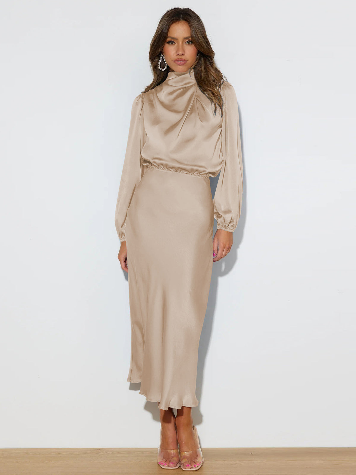 Women's Satin Mock Neck Long Sleeve Midi Dress