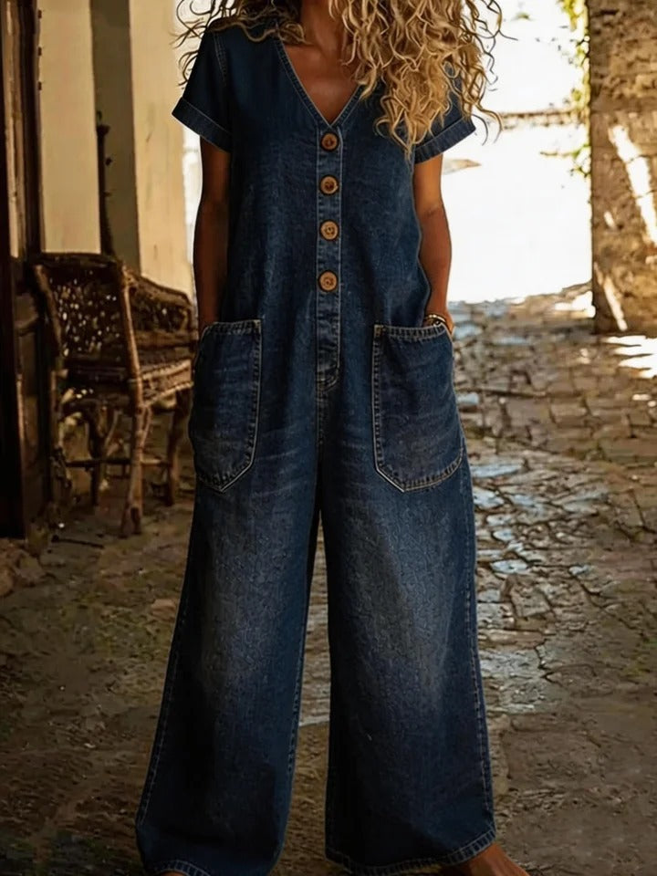 Comfortable Pocketed Short-Sleeve Casual Wide-Leg Jumpsuit - image 8
