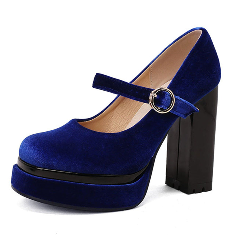 Velvet Mary Jane Block Heel Platform Shoes - image 8