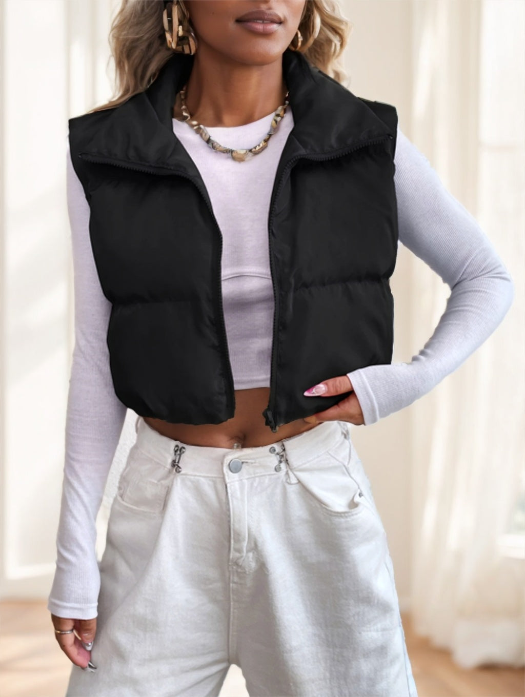 Zipper Front Casual Vest Khaki Winter Coat - image 4