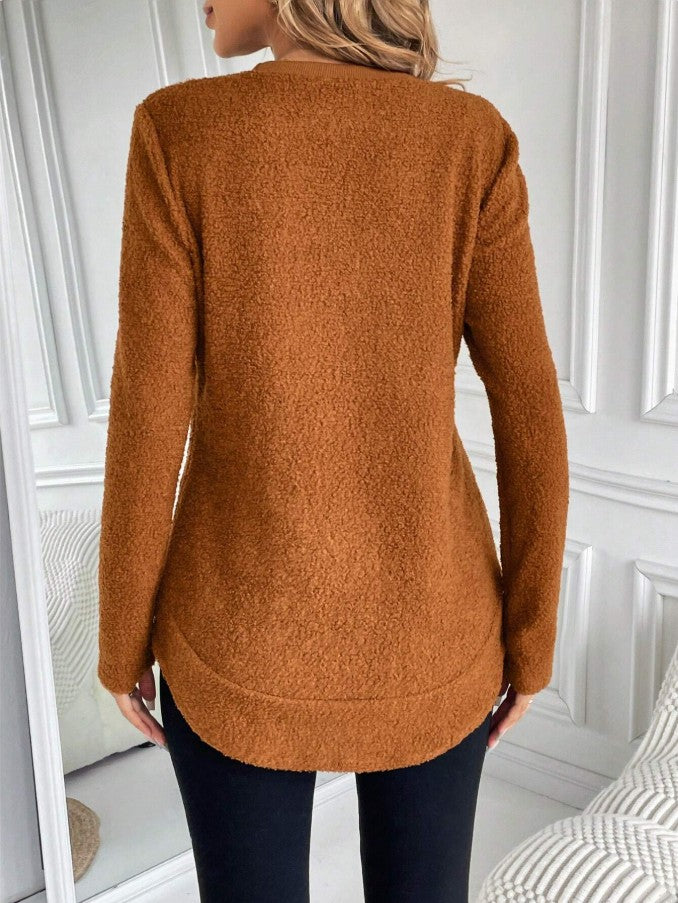 Casual Warm Solid Color Round Neck Teddy Sports Shirt - image 3