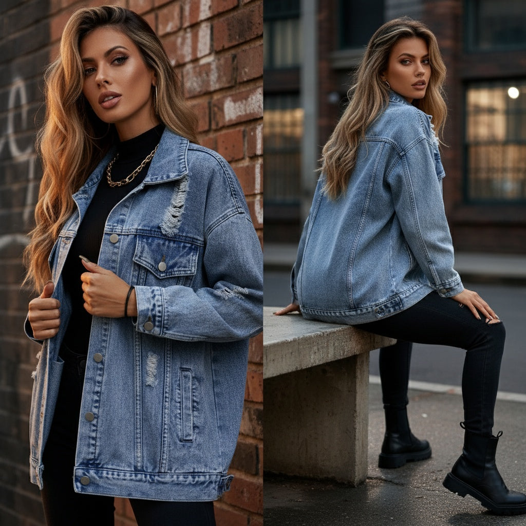 Chaqueta de mezclilla boyfriend desgastada para mujer - image 6