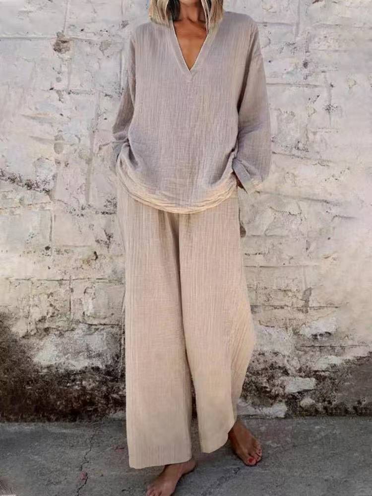 Women's Solid Color Casual V-neck Pullover Long Sleeve Trousers Suit - image 11