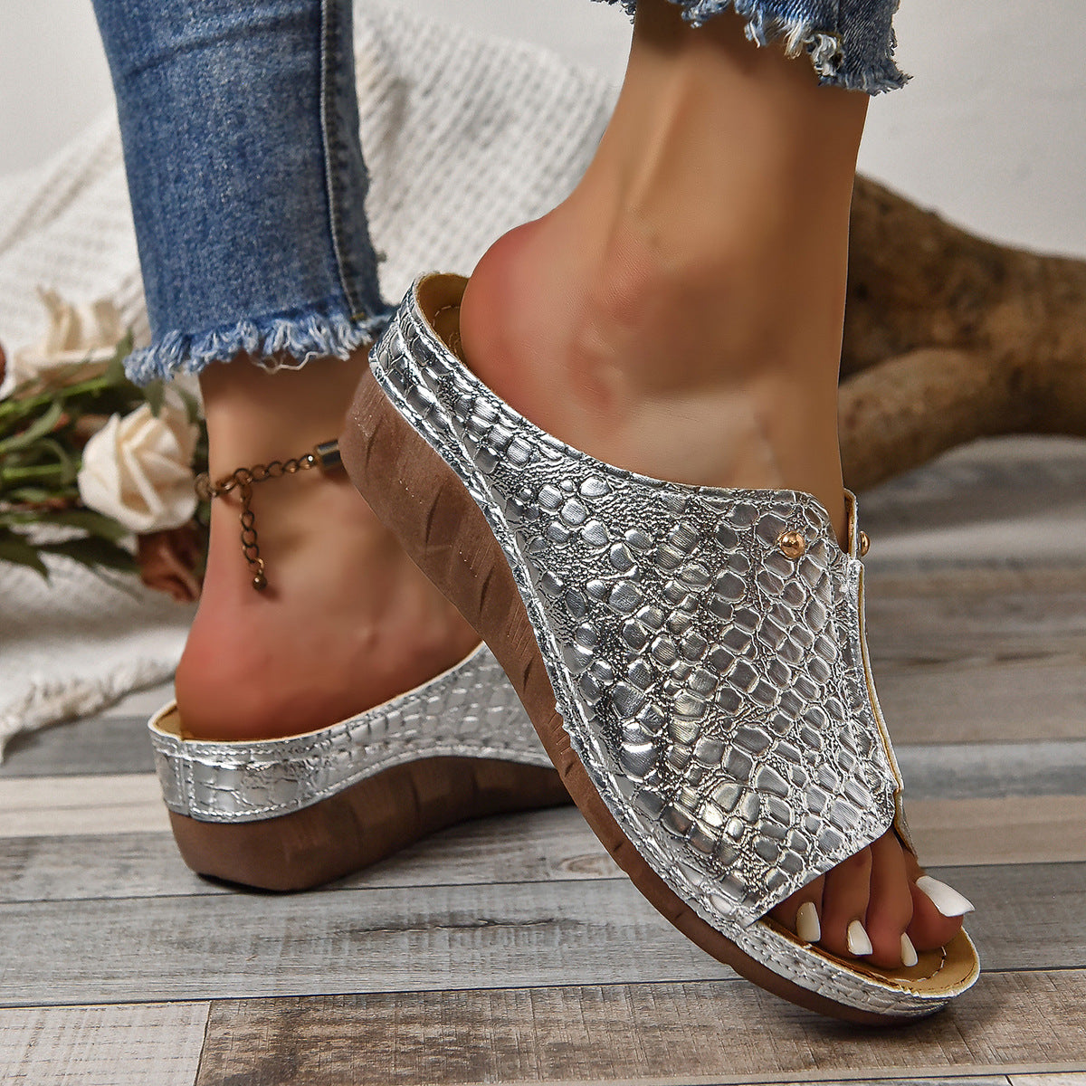 Fashion Crocodile-pattern Wedges Sandals Summer Outdoor Thick-soled Slippers Fish Mouth Shoes For Women - image 2