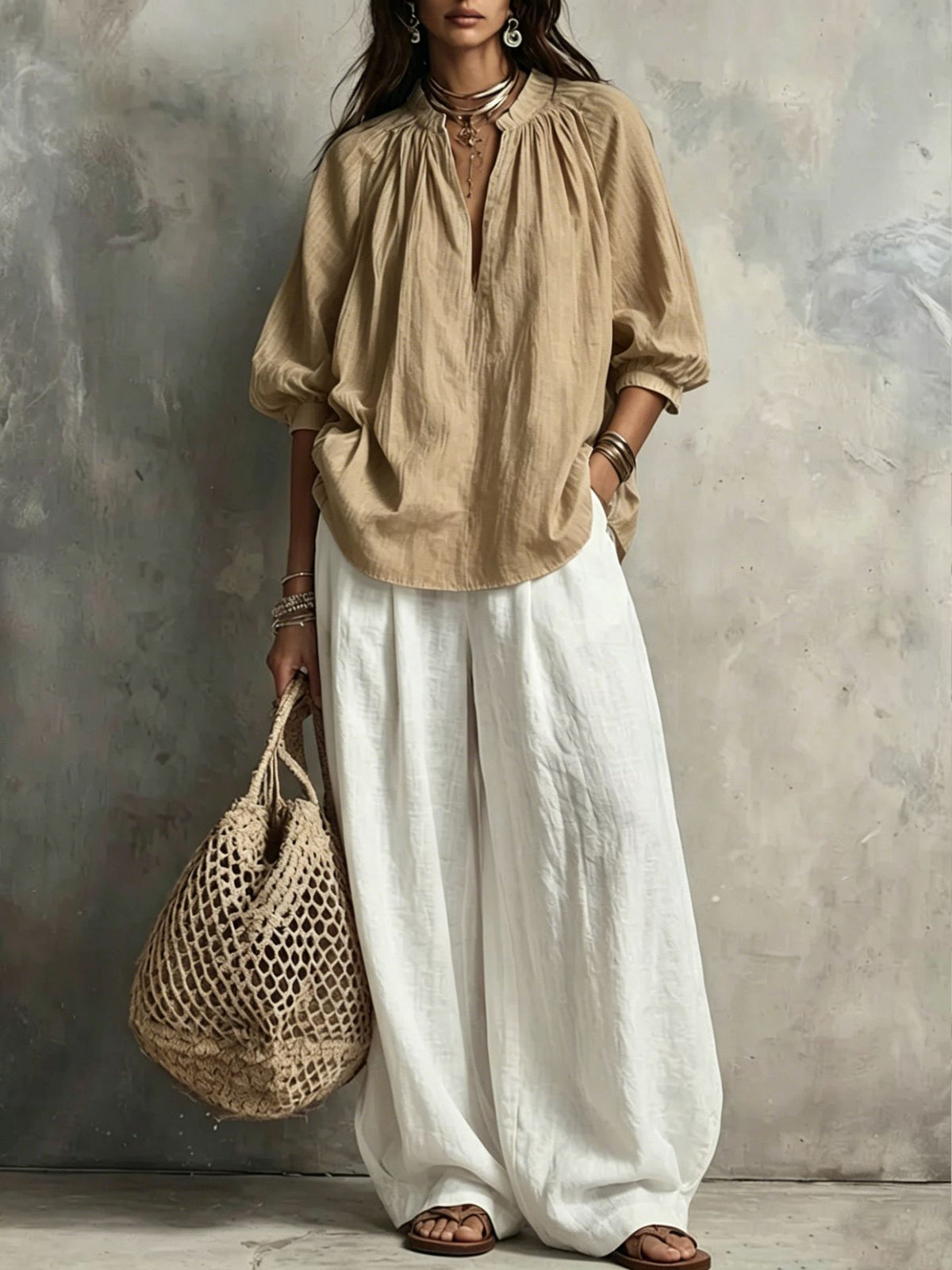 Cotton Linen Puff Sleeve Shirt and Wide Leg Pants Set - image 12