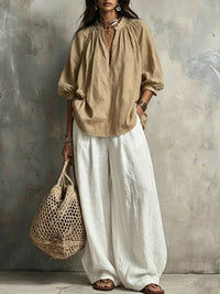 Cotton Linen Puff Sleeve Shirt and Wide Leg Pants Set - image 12