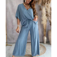 Women's 2 Piece Outfit, Casual Solid Color V-Neck Half Sleeve Top And Wide Leg Pants Lounge Set - image 4