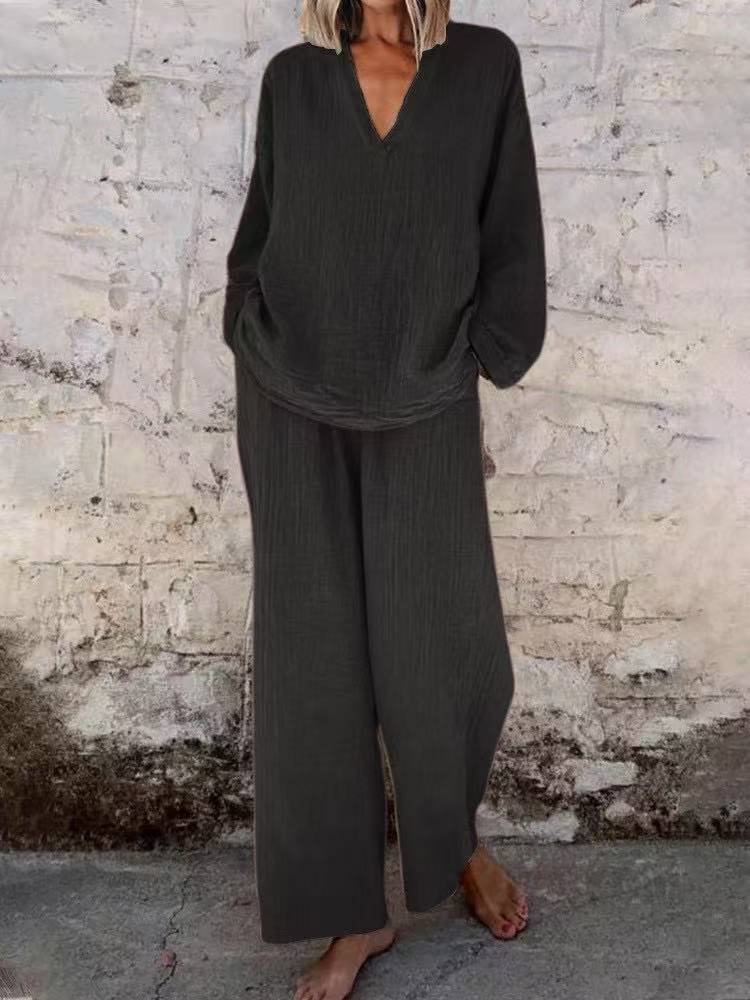 Women's Solid Color Casual V-neck Pullover Long Sleeve Trousers Suit - image 4