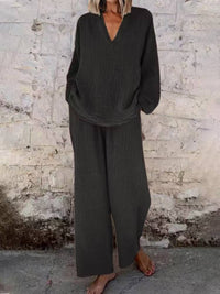Women's Solid Color Casual V-neck Pullover Long Sleeve Trousers Suit - image 4