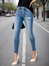 Women's High Waist Button Fly Skinny Jeans, Blue Wash - image 2